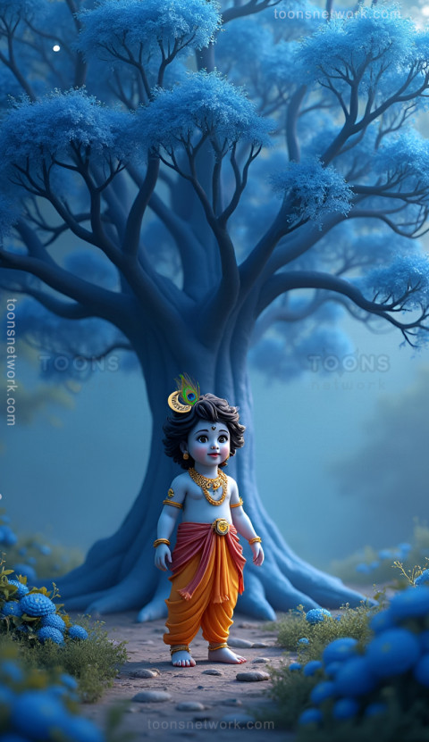 Beautiful little Krishna in the Night Forest, Download Krishna Wallpaper #16