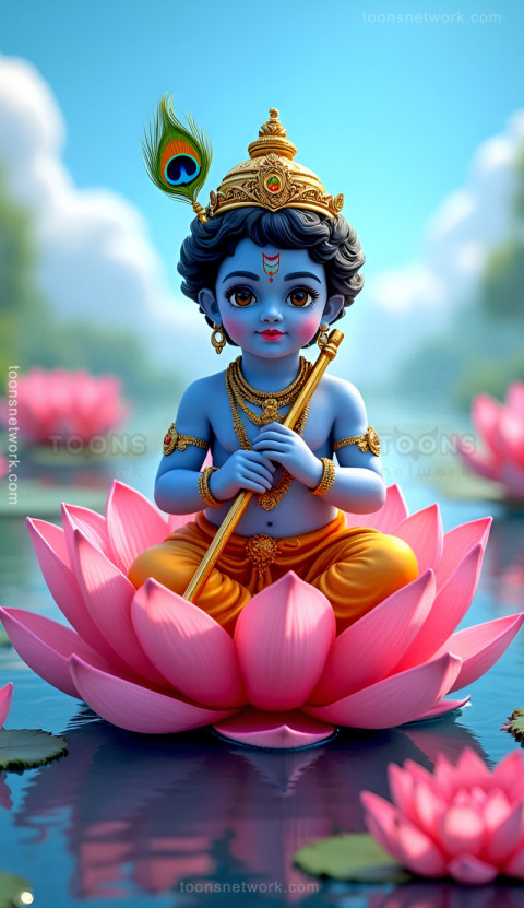 Little Krishna sitting on a Pink Lotus, Download Krishna Wallpaper #49