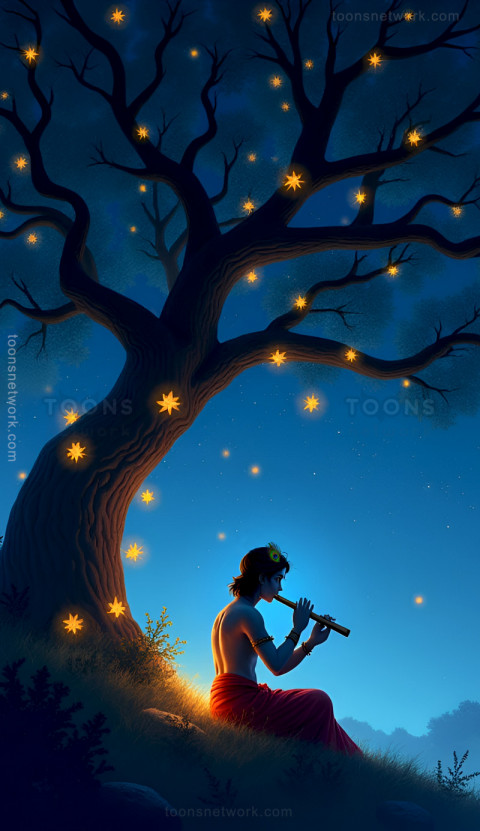 Sri Krishna is gracefully Seated under a Tree at Night, Download Krishna Wallpaper #50