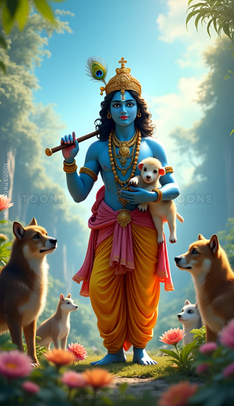 Lord Krishna is standing holding a Baby Cow, Download Krishna Wallpaper #51