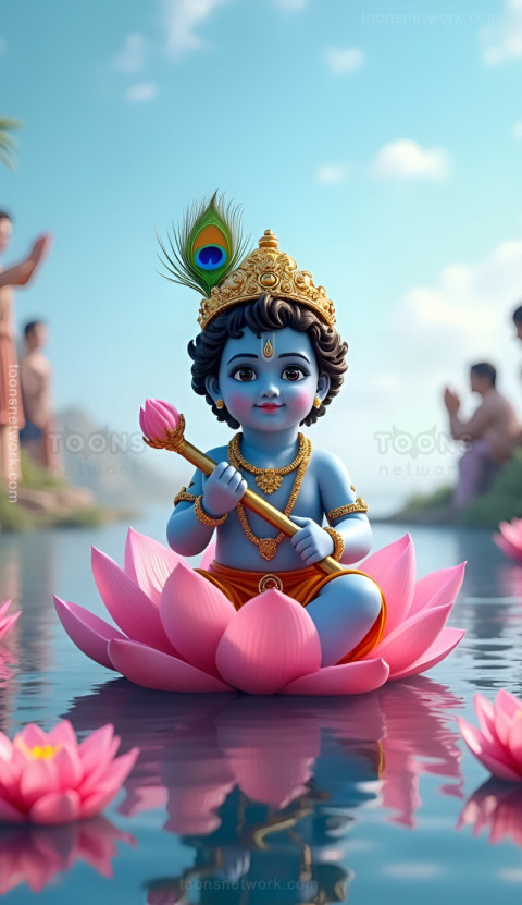 Cute Krishna is sitting on a Pink Lotus in a Pond, Download Krishna Wallpaper #57