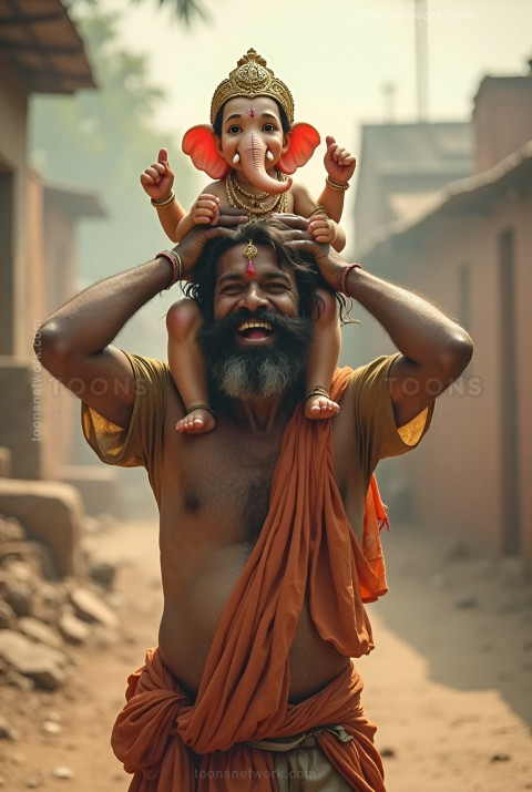 A poor man carrying little Ganesha on his shoulders, Ganesh Chaturthi Images #5