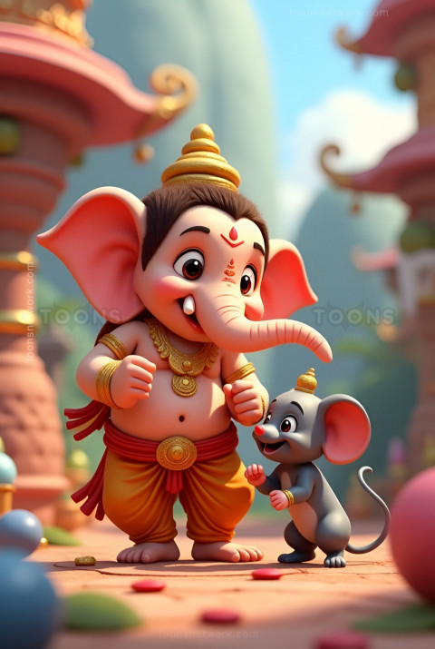 Cartoon style little Ganesha plying with Mushak, Download Ganesh Images #16