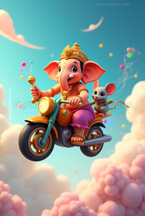 Little Ganesha with Mushak on a flying Bike in the Sky, Download Ganesh Images #24