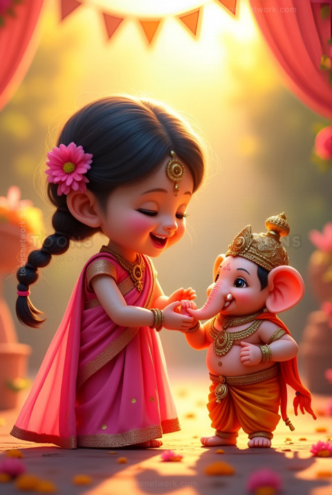 A Young Girl Plays with Little Ganesha, Download Ganesh Images #27