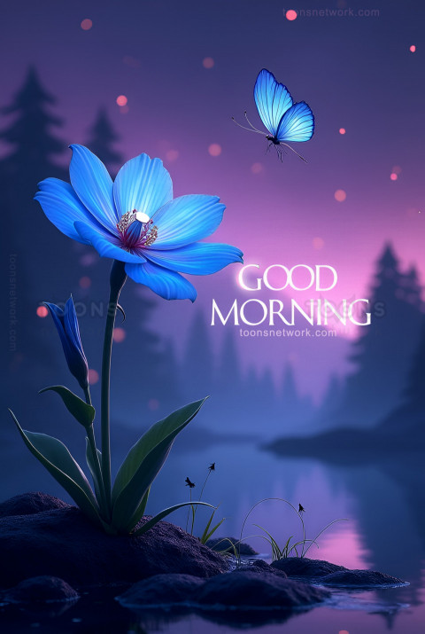 An Illustration of a Blue Flower and a Blue Butterfly, Download Good Morning Images #20