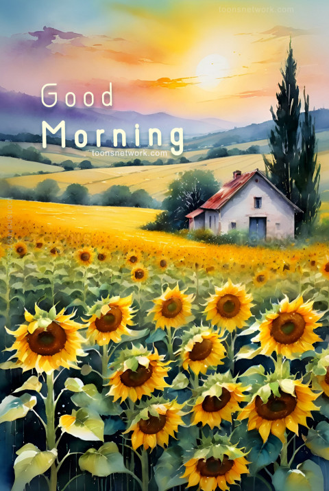 Morning Landscape of a Sunflower Field, Download Good Morning Images #42