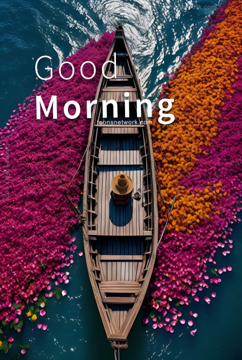 A Boat Floats in the middle of many Colorful Petals, Download Good Morning Images #51