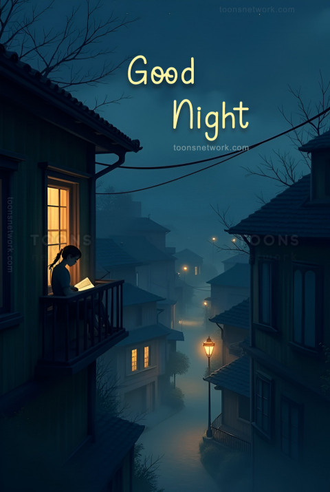 A Girl Reading a Book on a Balcony at Night, Download Good Night Images #3