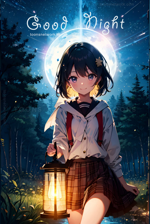 An Anime Girl at Moon Night with a Lantern, Download Good Night Images #4