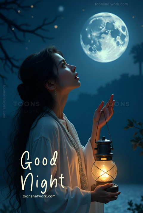 A Girl Looks at the Moon and Holds a Lantern, Download Good Night Images #7