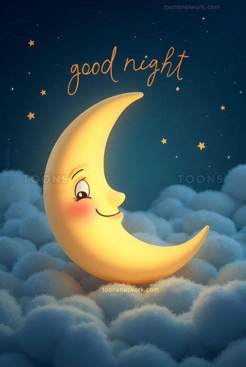 A Cartoon Moon Takes Rest in Clouds, Download Good Night Images #24