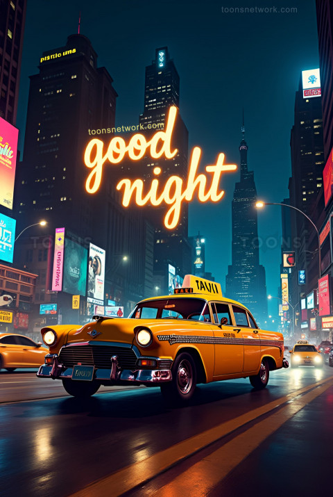 Night View of Yellow Taxi on City Street, Download Good Night Images #25