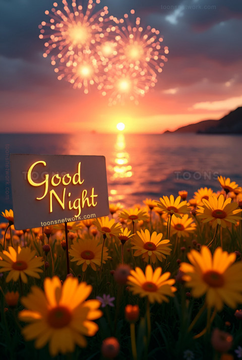 Yellow Flowers with Sunset, and Fireworks, Download Good Night Images #38