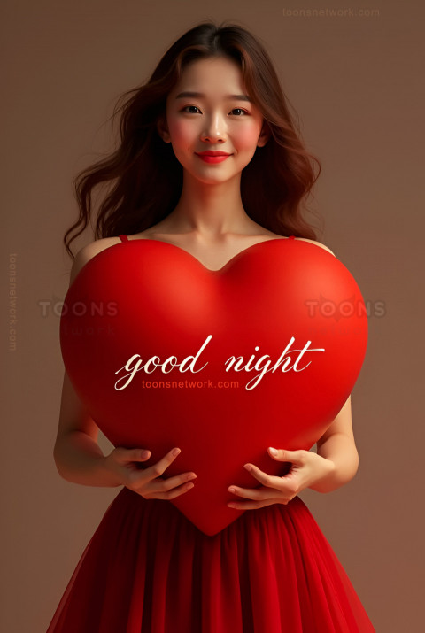 Beautiful Girl Holding a Red Heart Writing Good Night, Download Good Night Images #46