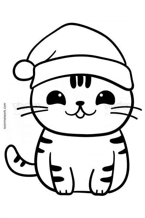 Clip Art style Pencil line Drawing of a Cat with Cap, Cat Drawing Ideas #17