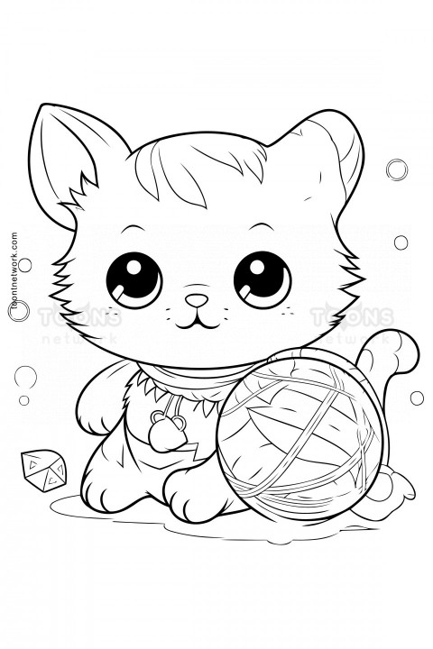 Clip Art style Pencil Drawing of a Cat Playing with a yarn ball, Cat Drawing Ideas #21