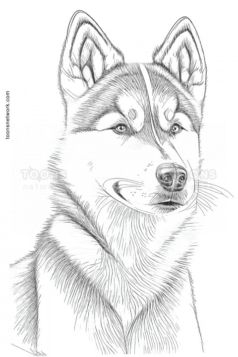 Detailed Pencil Line Drawing of a Siberian Husky Dog, Portrait, Dog Drawing Ideas #51