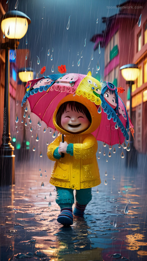 A Cute Child is Walking Through the Rain with a Colorful Umbrella, Download Funny Wallpapers #14