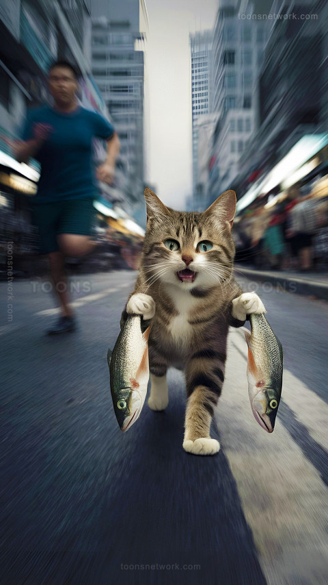 A Cat is Running Away with 2 Fish, Download Funny Wallpapers #17