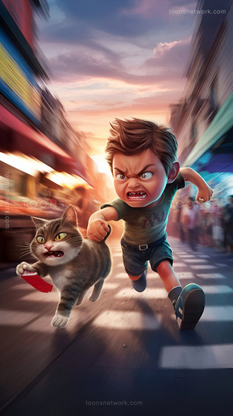 A Boy is Chasing a Mischievous Cat that Has Stolen His Underwear, Download Funny Wallpapers #20