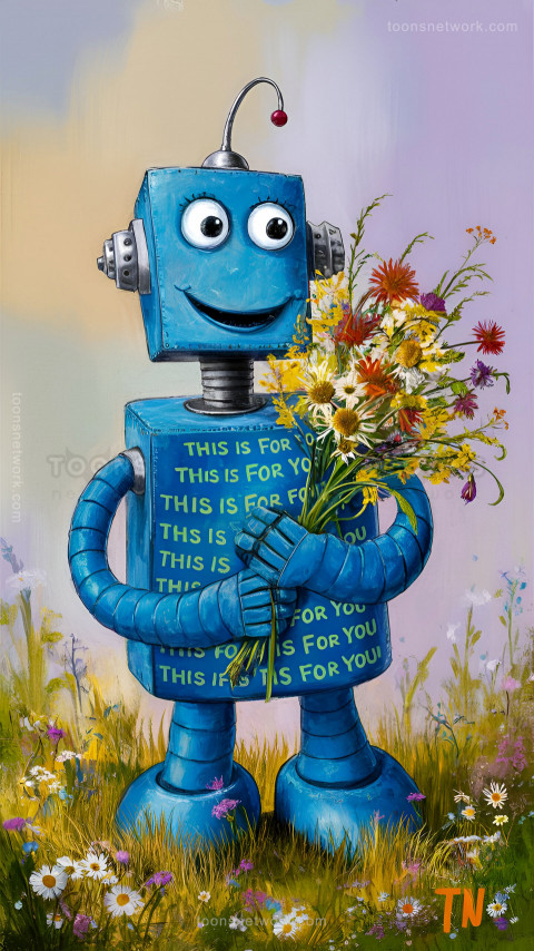 A Robot with a Friendly Smile is Holding a Bouquet of Wildflowers, Download Funny Wallpapers #22