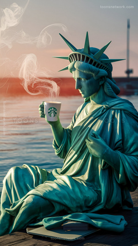 Statue of Liberty Enjoying  Warm Coffee from a Starbucks Mug, Download Funny Wallpapers #46