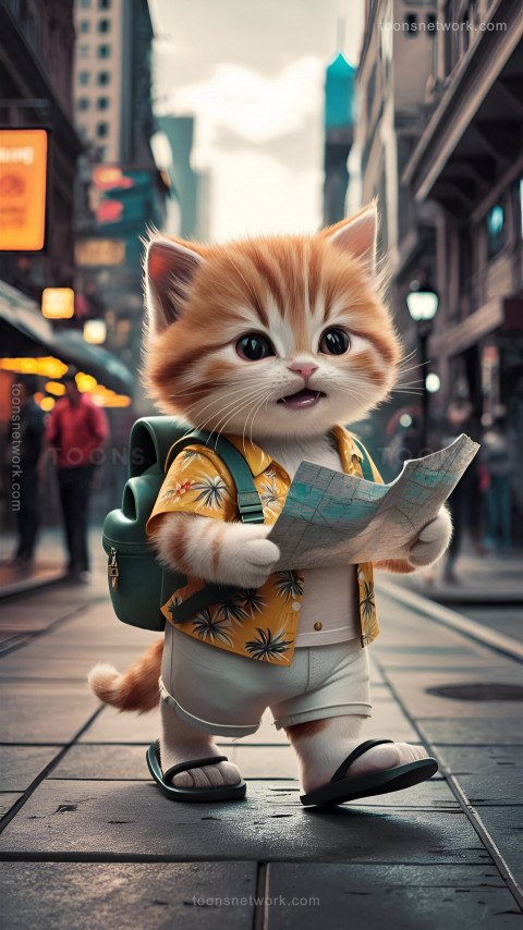 Orange Funny Cat with a Backpack, Holding a Street Map, Download Funny Wallpapers #55