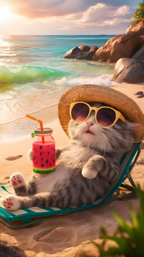 Funny Fluffy Cat Enjoying a Day on Beach, Download Funny Wallpapers #62