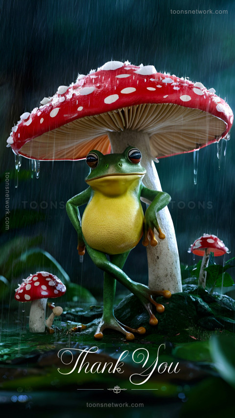 Funny Green Frog with a Yellow Belly, Standing Under a Red Mushroom, Download Funny Wallpapers #63