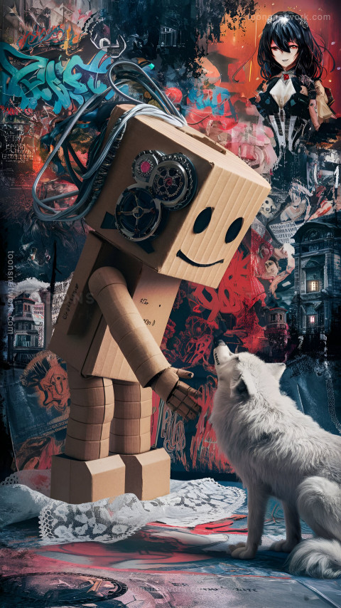 A Smiling Cardboard Robot & White Wolf, Download Funny Wallpapers #68