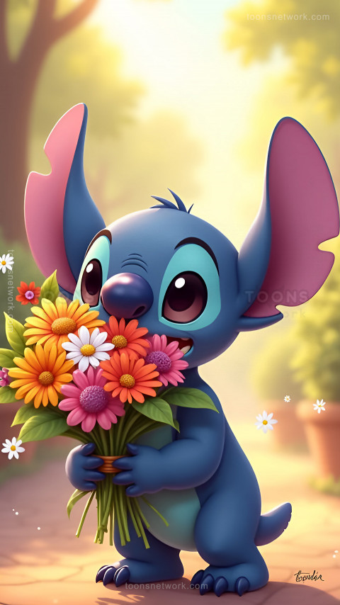 Cute Stitch giving a Bouquet of Flowers, Download Stitch Wallpaper #1