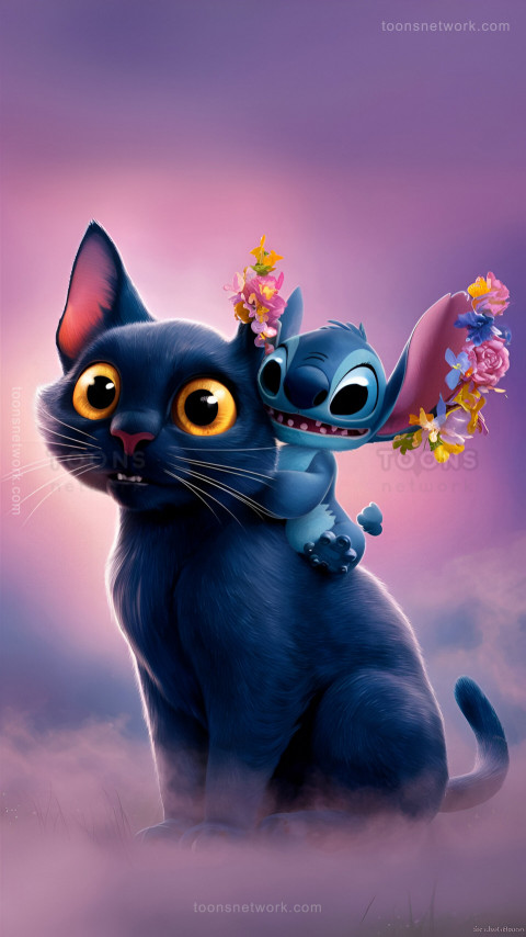 Cute Stitch on the back of the black Cat, Download Stitch Wallpaper #2