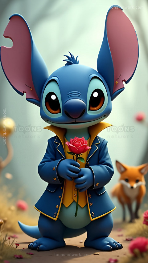 Cute Stitch dressed as a Prince, holding a Red Rose, Download Stitch Wallpaper #9