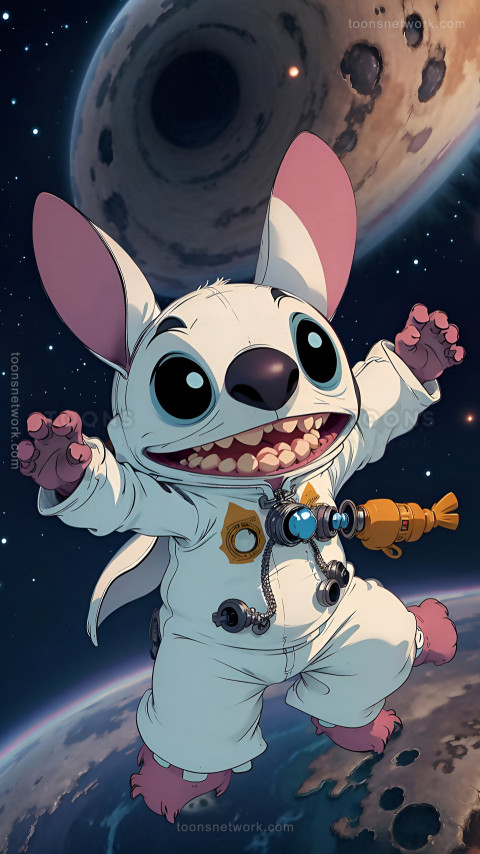 Cute Stitch in a space suit flying over the Earth, Download Stitch Wallpaper #11