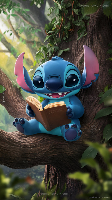 Cute Stitch on a Tree, Reading a Book, Download Stitch Wallpaper #13