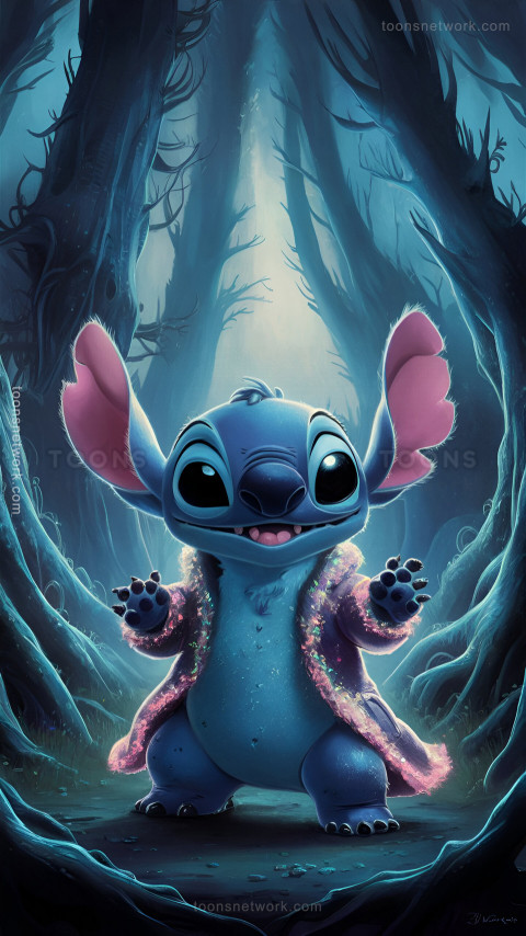 Cute Stitch is standing in the Forest wearing a Shimmering Coat, Download Stitch Wallpaper #29