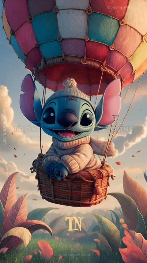 Cute Stitch is flying on a Hot Air Balloon, Download Stitch Wallpaper #34