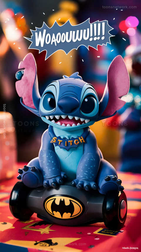 Cute Stitch is playing with a Super Batman Toy, Download Stitch Wallpaper #38