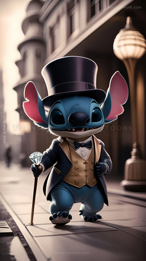 Cute Stitch, Dressed as a Gentleman, in a City Street, Download Stitch Wallpaper #40