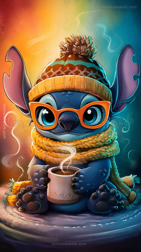 Stitch is wearing Winter Clothes, holding a Cup of Coffee, Download Stitch Wallpaper #42