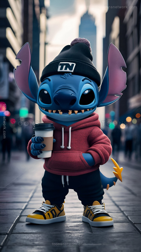 Cute Stitch with Trendy Urban Outfit and Coffee Cup, Download Stitch Wallpaper #46