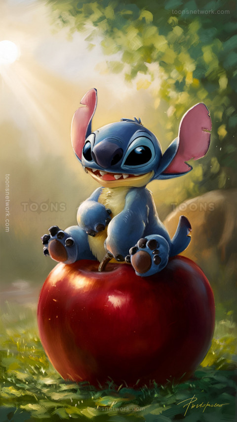 Cute Stitch sitting on a Big Red Apple, Download Stitch Wallpaper #49