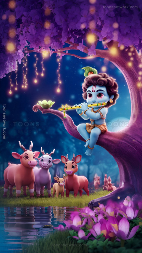 Little Krishna is sitting on the branch of the Tree Playing the Flute, Download Krishna Wallpaper #9