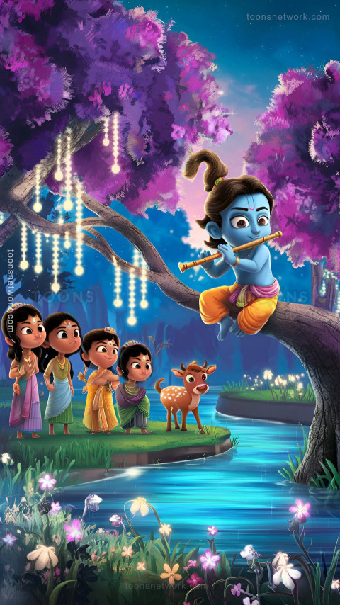 Lord Krishna Playing the Flute sitting on a Tree by the River, Download Krishna Wallpaper #23