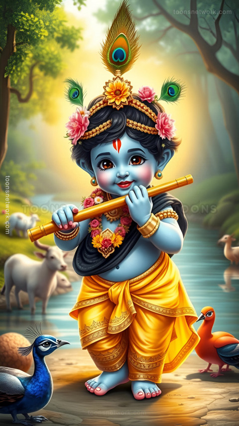 Cute Krishna is playing the Flute under the Tree, Download Krishna Wallpaper #25