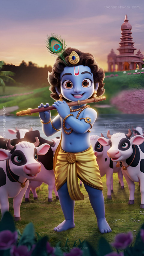 Young Krishna is surrounded by Cows, Download Krishna Wallpaper #26