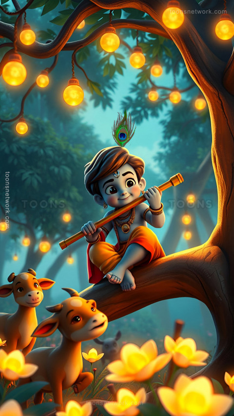 In the evening, little Krishna sits on a tree branch, Download Krishna Wallpaper #38