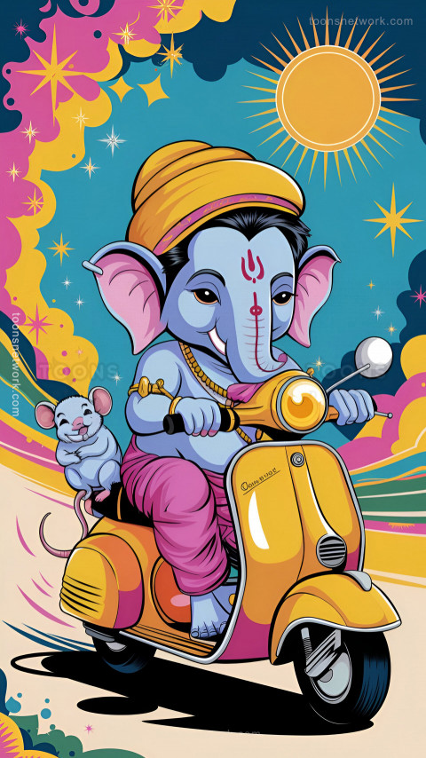 Little Cartoon Lord Ganesha is riding a Yellow Scooter, Download Ganesh Images #13