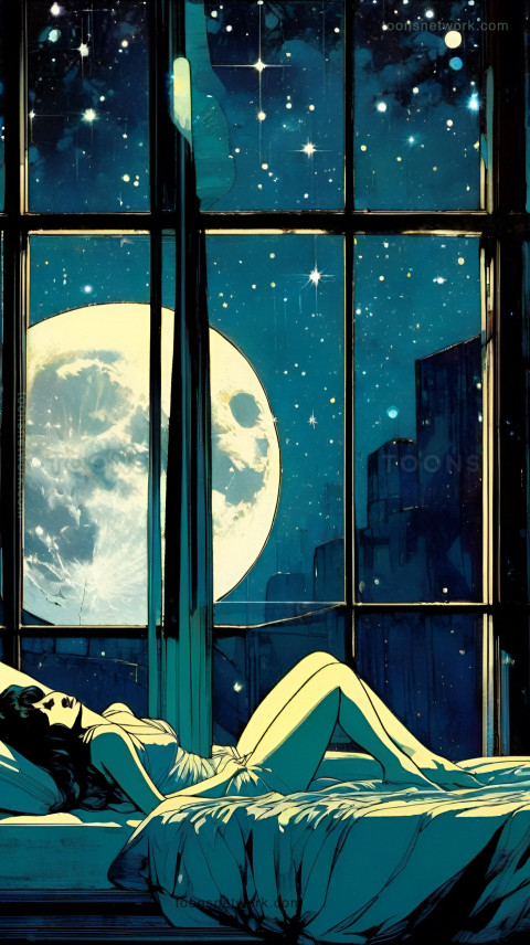 A Sad Girl Lies in Bed, Big Moon in Night Sky Wallpaper, Download Good Night Images #63